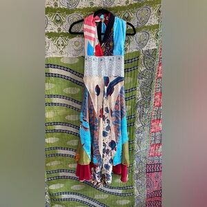 Handmade Henna Multicolored Silk Bohemian Patchwork Halter Midi Dress One Size